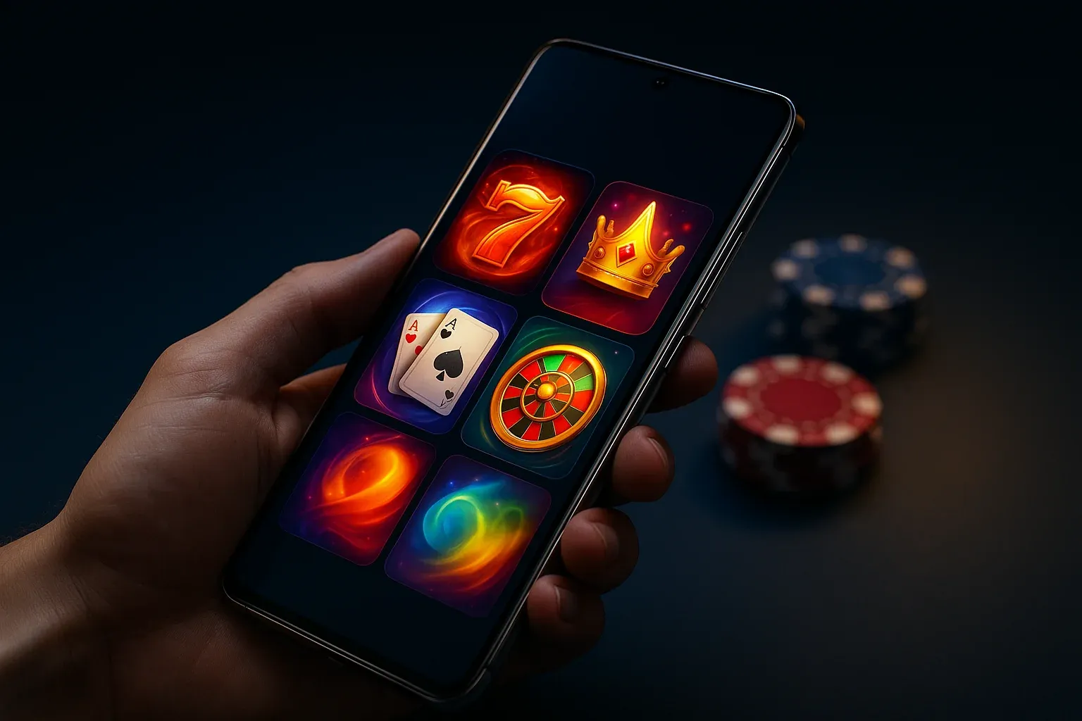 Hyperrealistic flagship Android phone showing vivid casino app interface, studio lighting