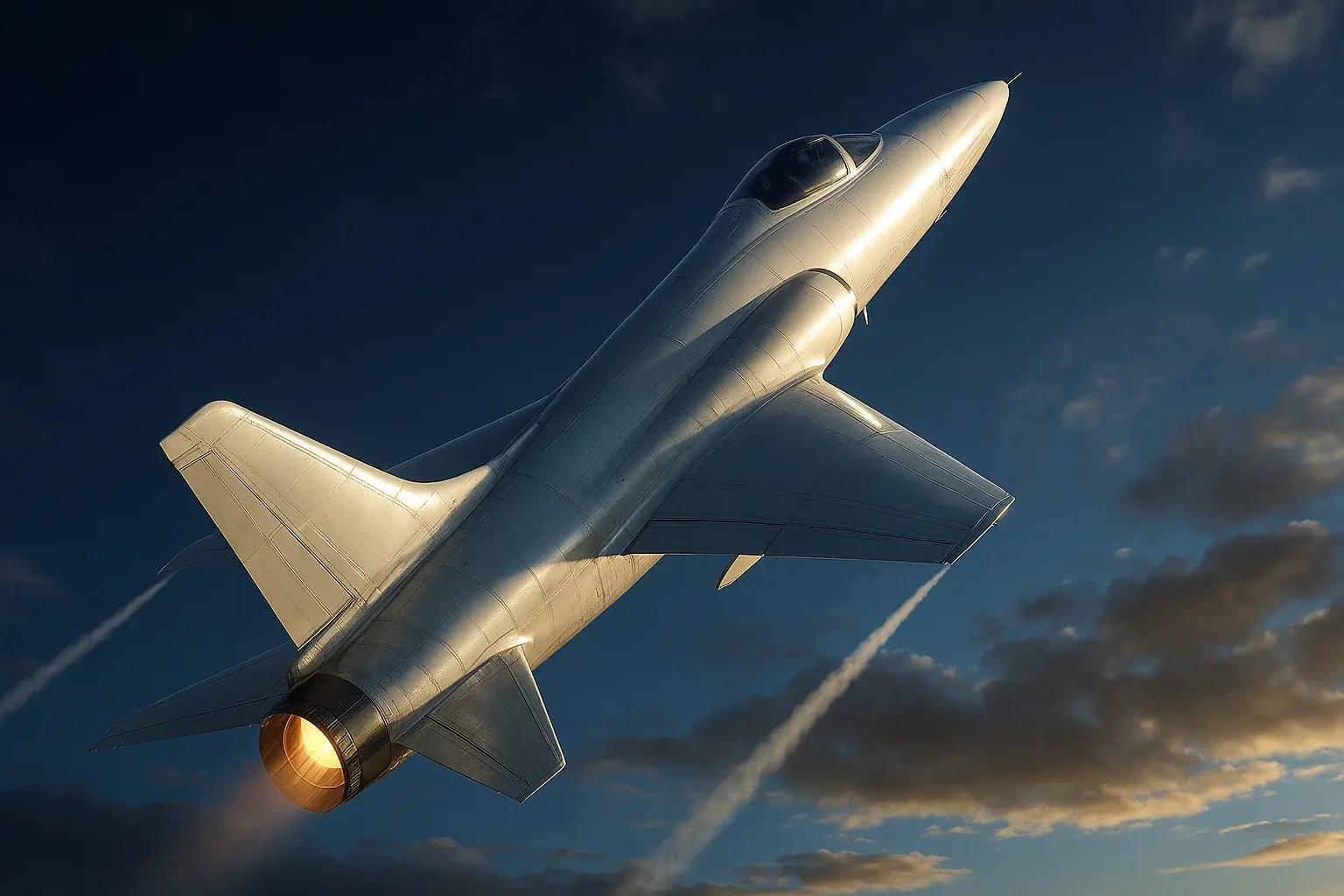 Hyperrealistic white jet climbing steeply in deep blue sky with contrails