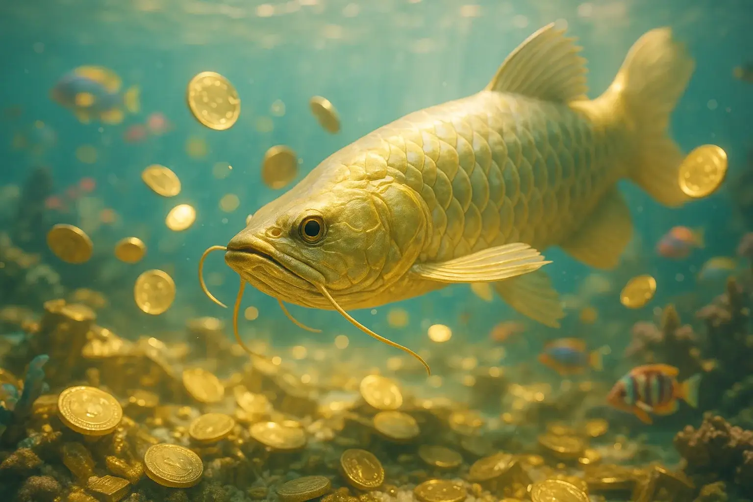 Hyperrealistic underwater fishing game scene with golden dragon fish and treasure