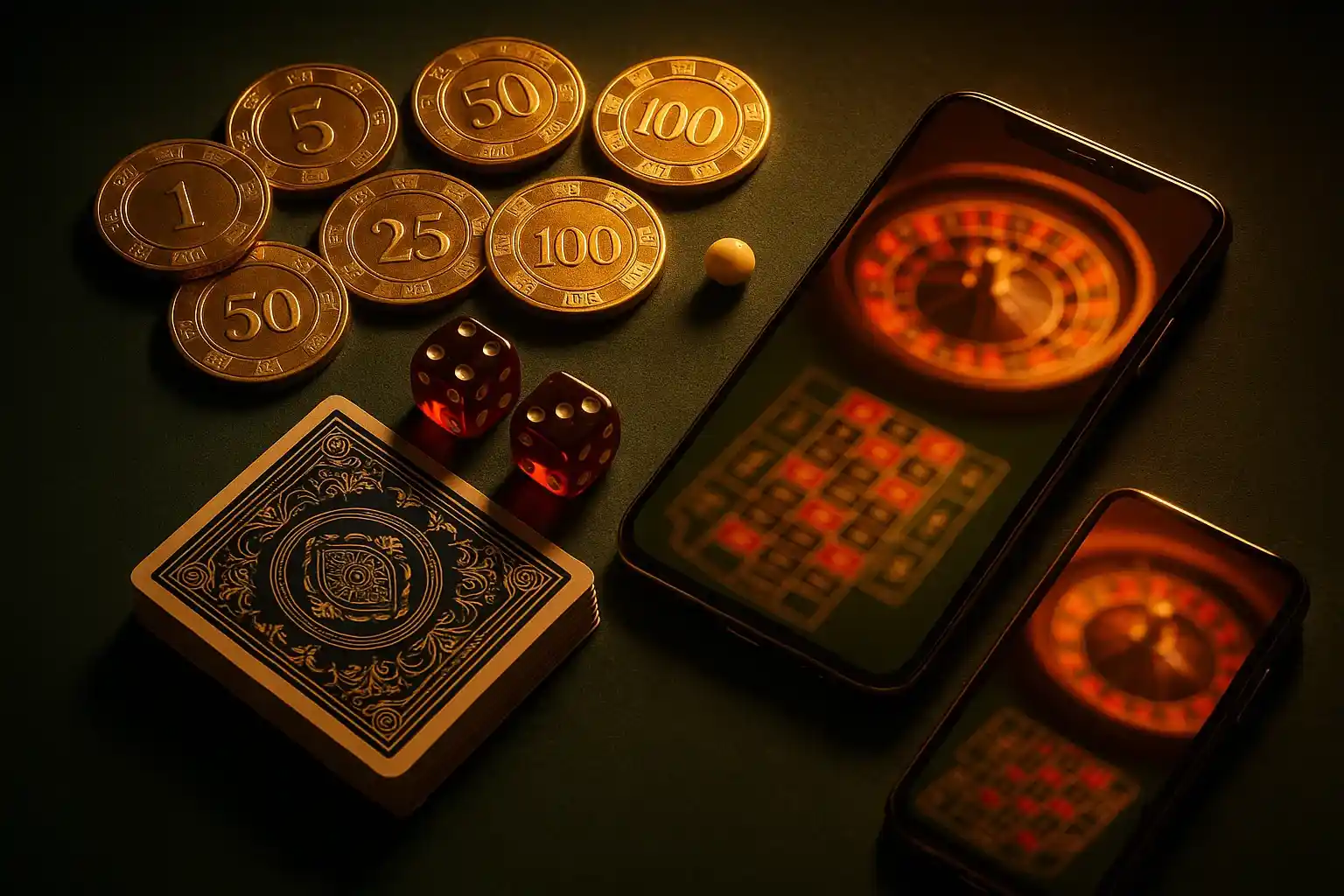 Top-down casino table with golden chips, cards, dice, roulette ball, smartphone
