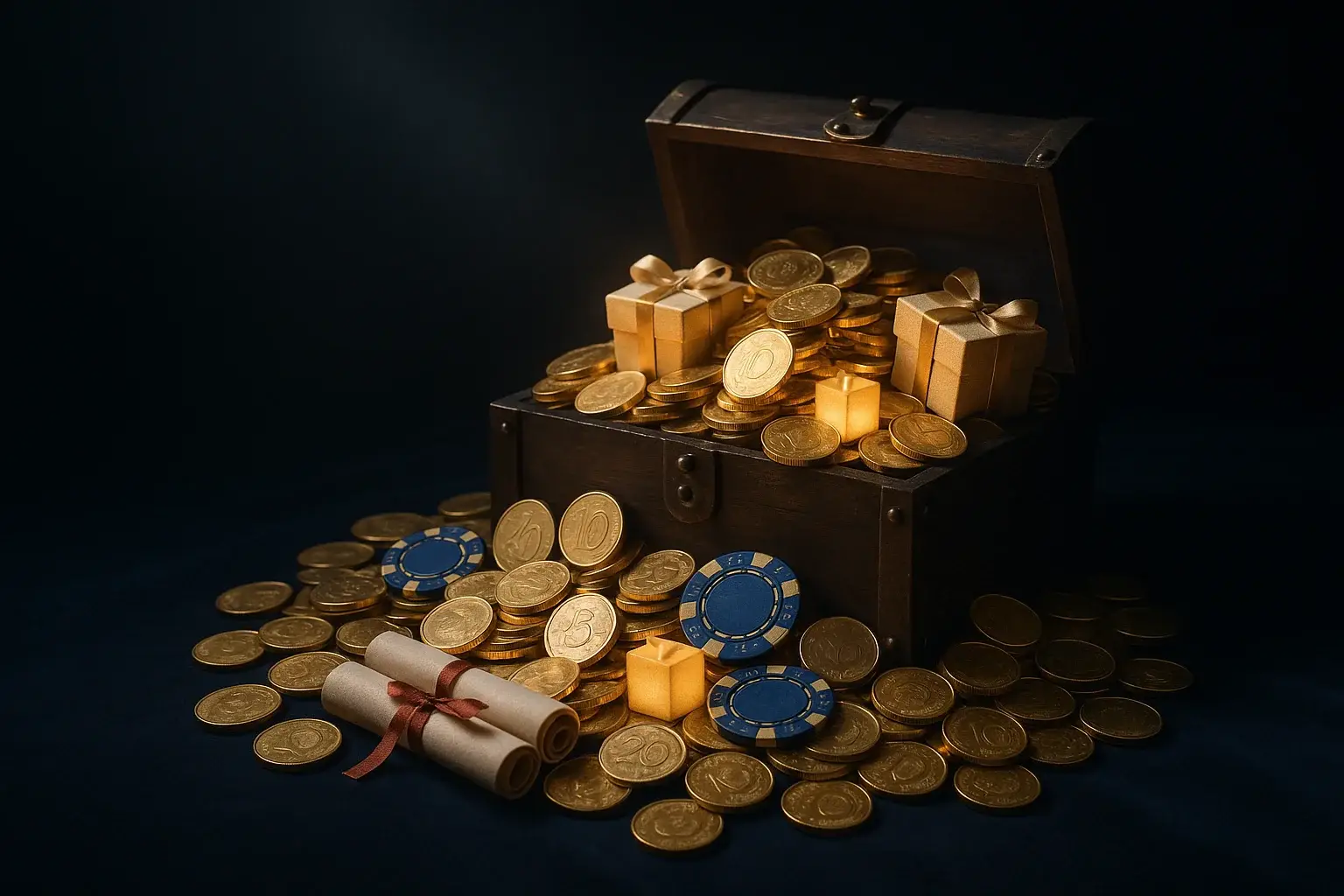 Overflowing treasure chest with gold coins, casino chips, vouchers, and gift boxes