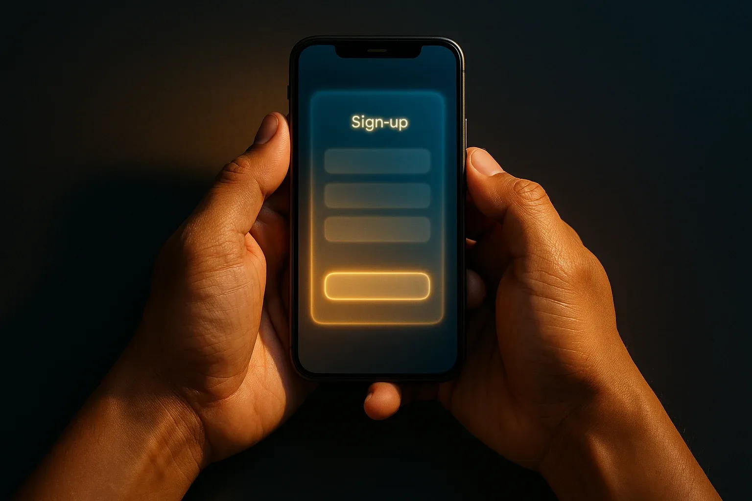 Filipino man hands holding smartphone with blurred registration screen, blue gold glow
