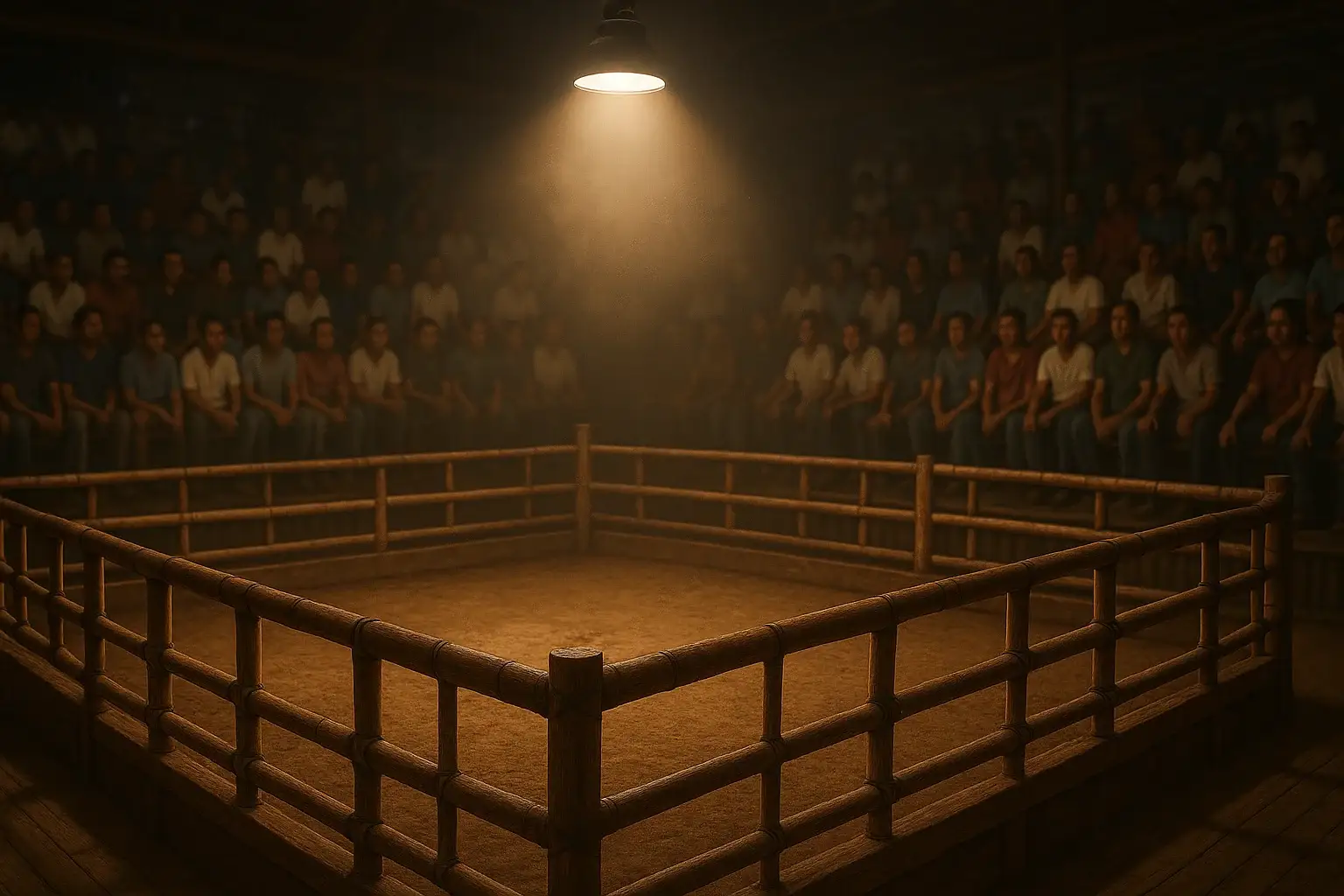 Cinematic wide shot of Philippine sabong cockpit with spotlighted empty sand pit