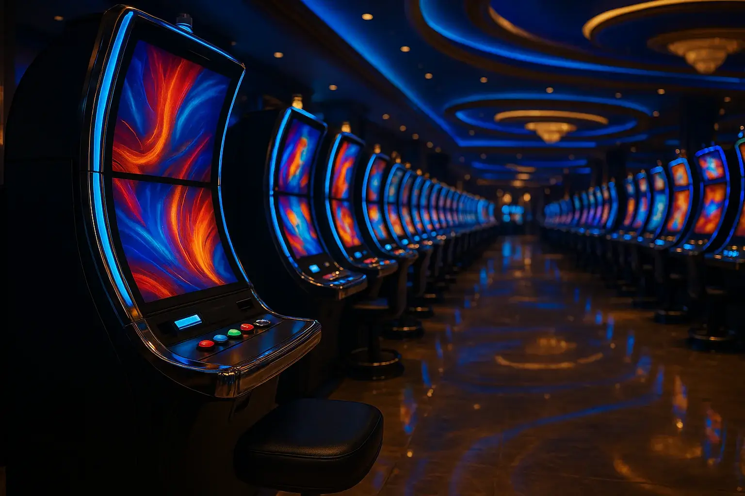 Hyperrealistic wide shot of premium Manila casino slots floor at night