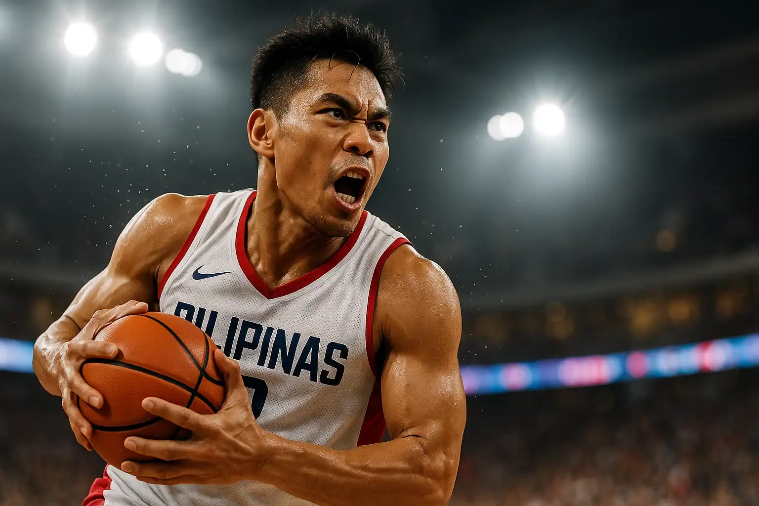 Filipino PBA player mid-air power drive, ball pressed to chest